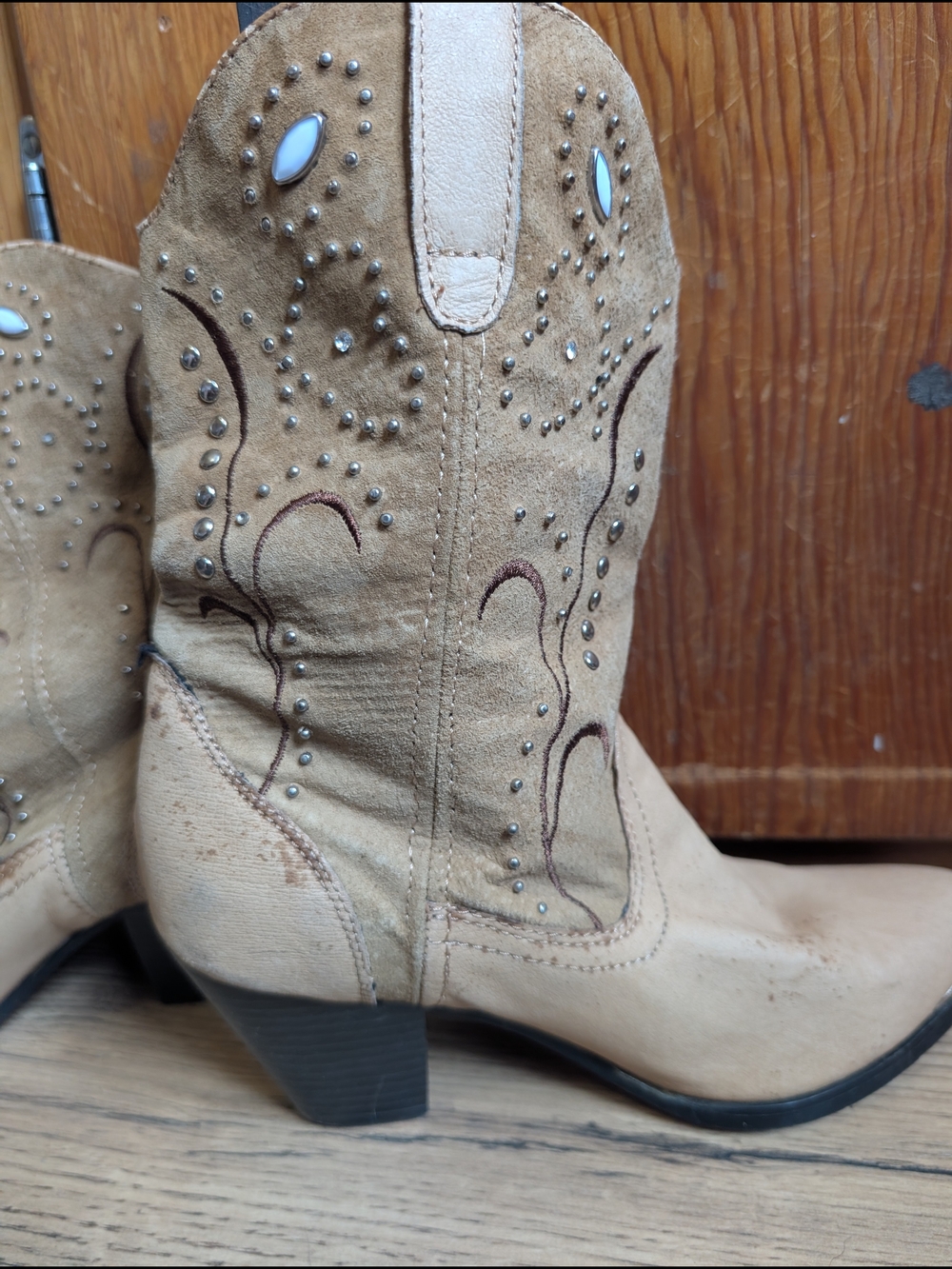 Women’s Tan Suede Dingo Western Booties with Stud & Jewel Accents